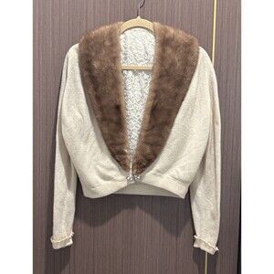 Vintage 1950s Cashmere Cardigan Mink Fur Collar Medium Rhinestone Clasp Cream